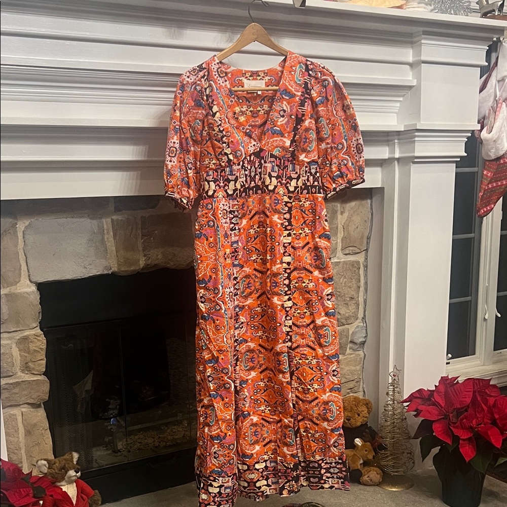 ANTHROPOLOGIE Short Sleeved Cotton Vibrant Orange Patterned Dress- Made in India